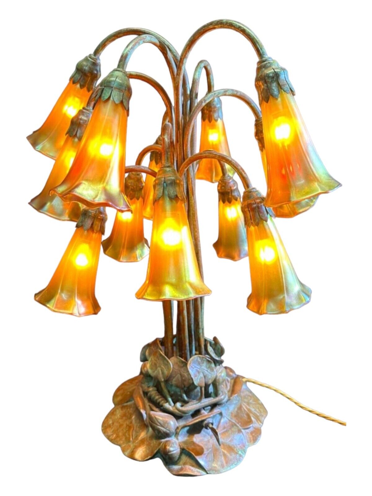 TIFFANY  TWELVE LIGHT LILY TABLE LAMP New York  Circa 1910 Favrile Glass Rare