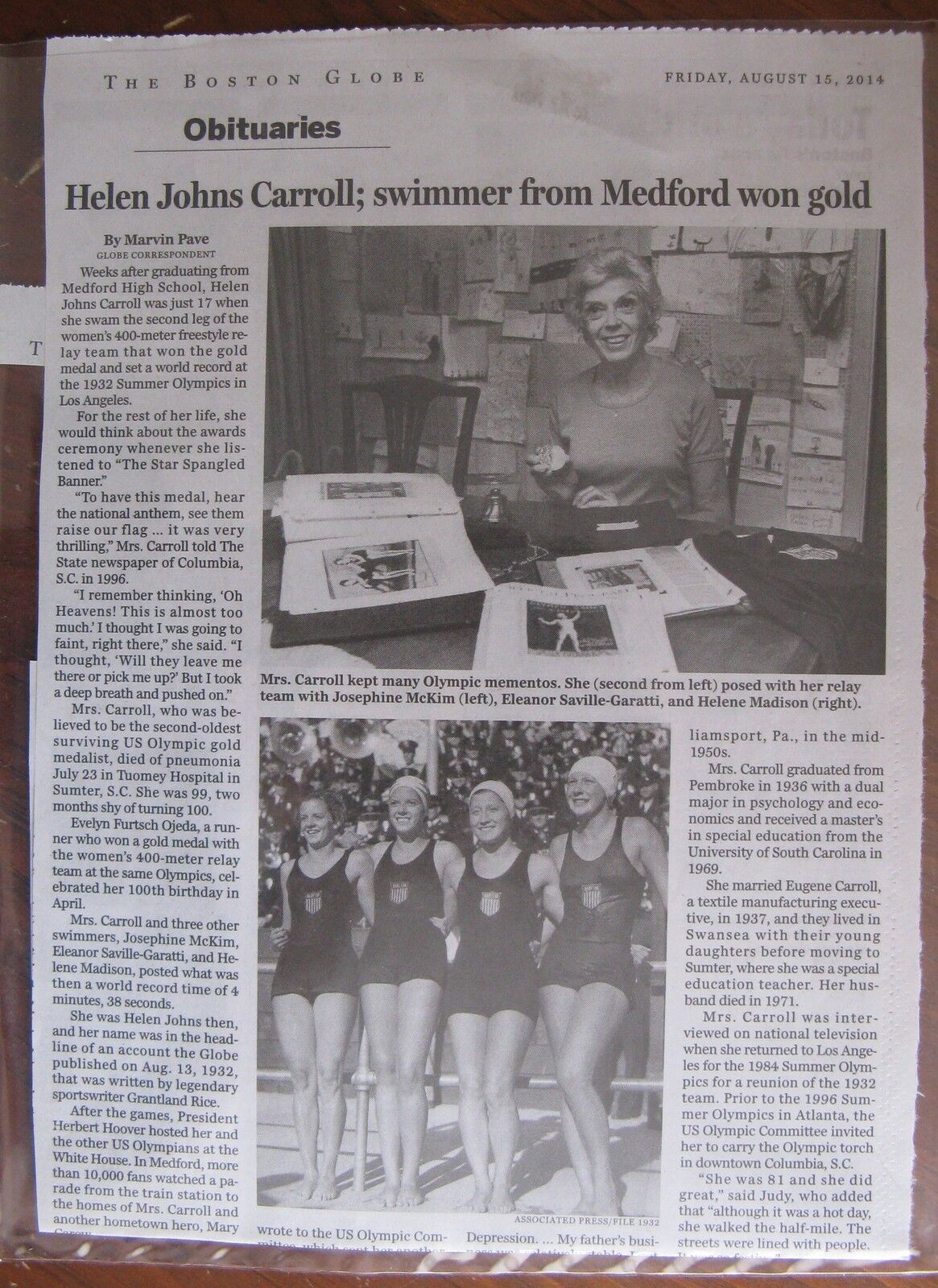 Obituary: Boston Globe 8/15/2014: Helen Johns Carroll Olympic Gold Medal Winner 