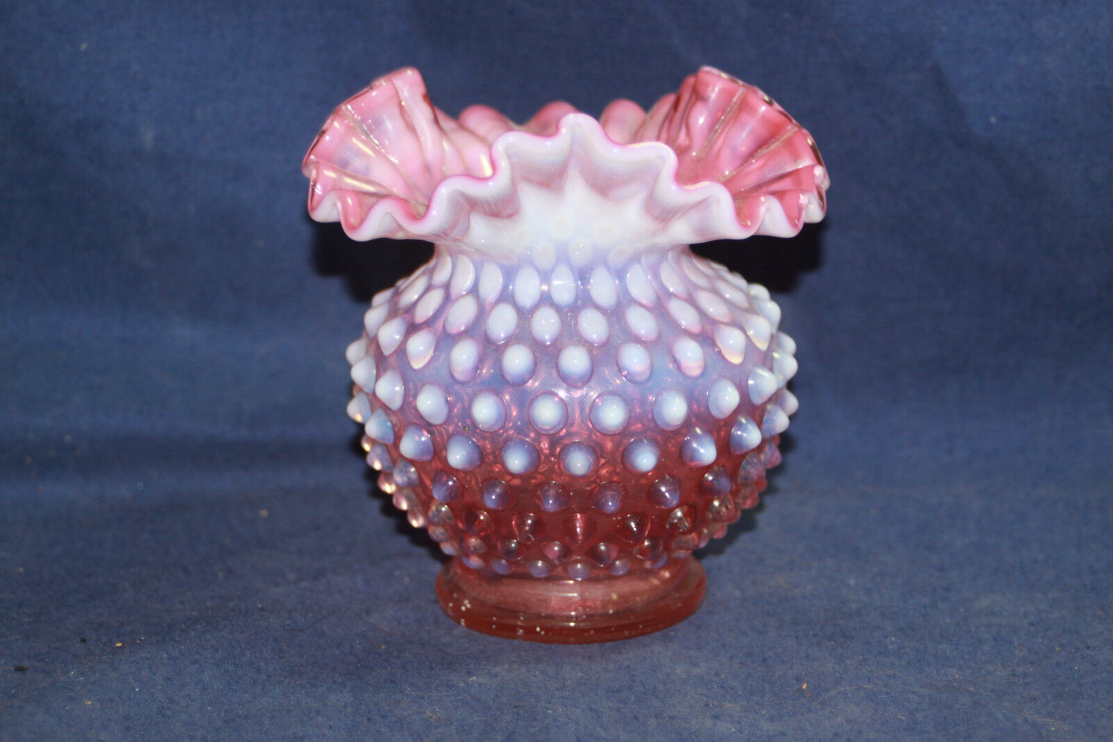 FENTON C1960 Glass Vintage Cranberry Hobnail Opalescent Double Crimped Rim Vase