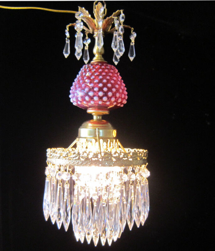 Fenton Cranberry hobnail brass Glass Crystal Lamp Chandelier  Vintage tole 