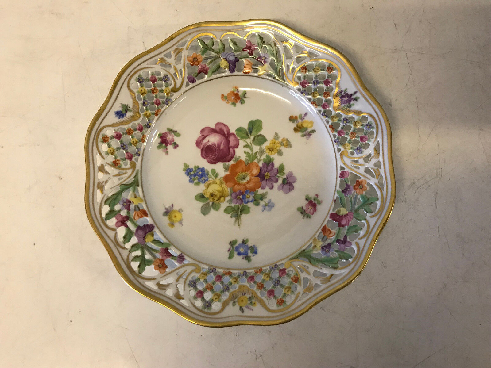Vintage German Carl Schumann Bavaria Reticulated Porcelain Plate Painted Flowers