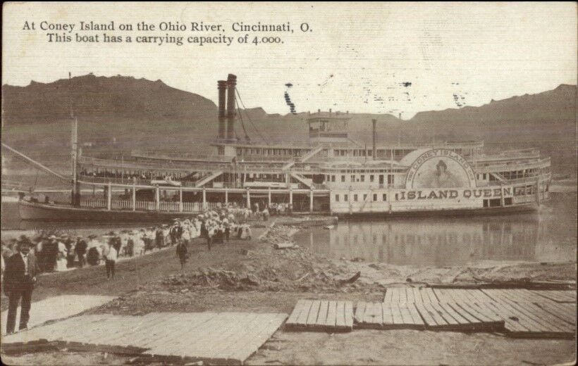 Coney Island Cincinnati OH Steamer Boat Island Queen at Pier c1910 Postcard