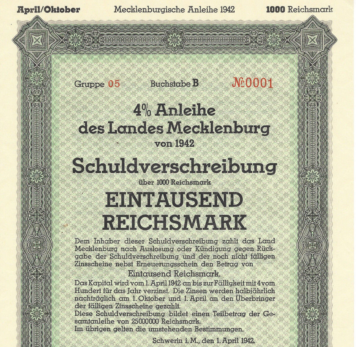 War-time German Municipal Bond Certificate WWII w/ Swastika (1000 RM) WW2