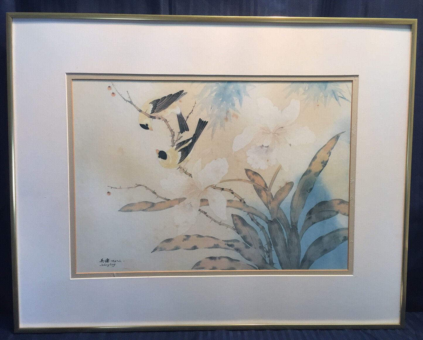 Vintage Chinese Artist Stamped Johnny Lung Print Birds