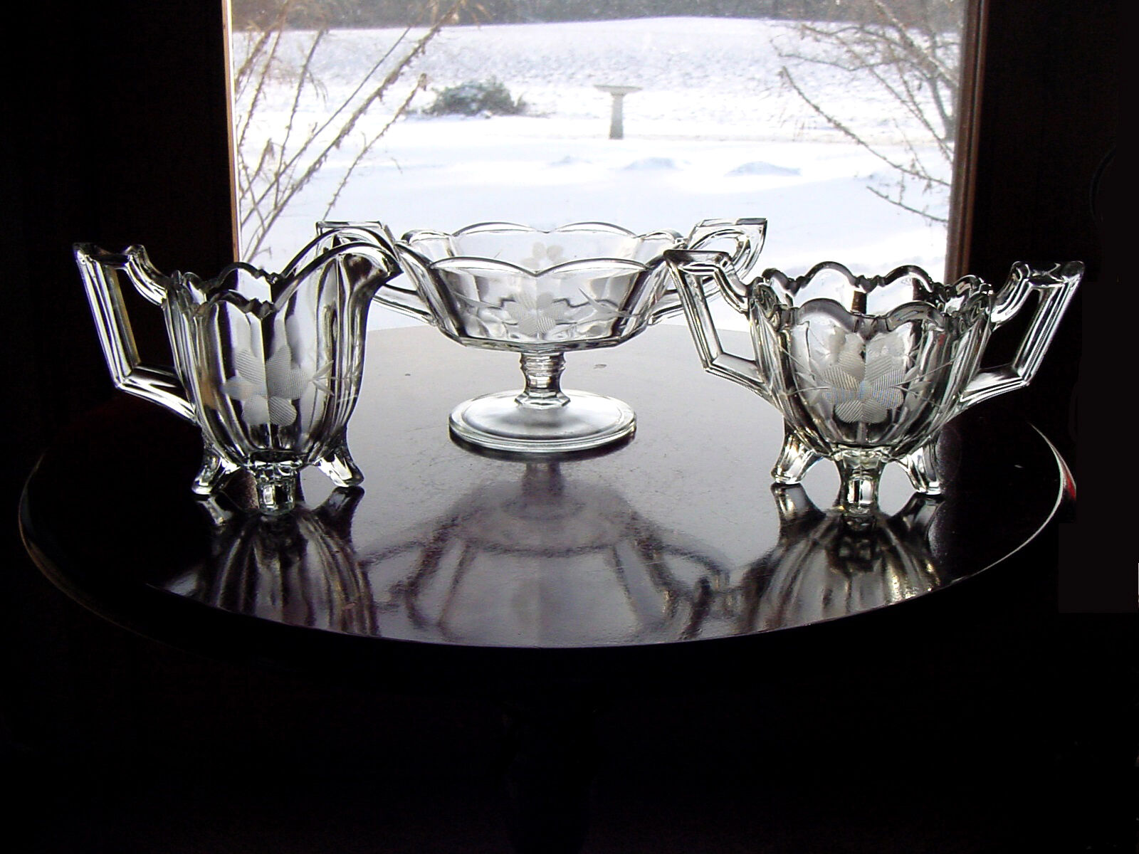 AnTiQuE ETCHeD CuT ArT DeCo PaNeLeD Glass Sugar Bowl Creamer Jelly Compote Dish