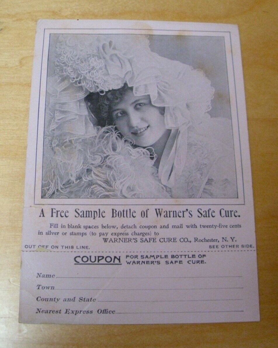 Antique advertising card for free bottle of Warner\'s Safe Cure
