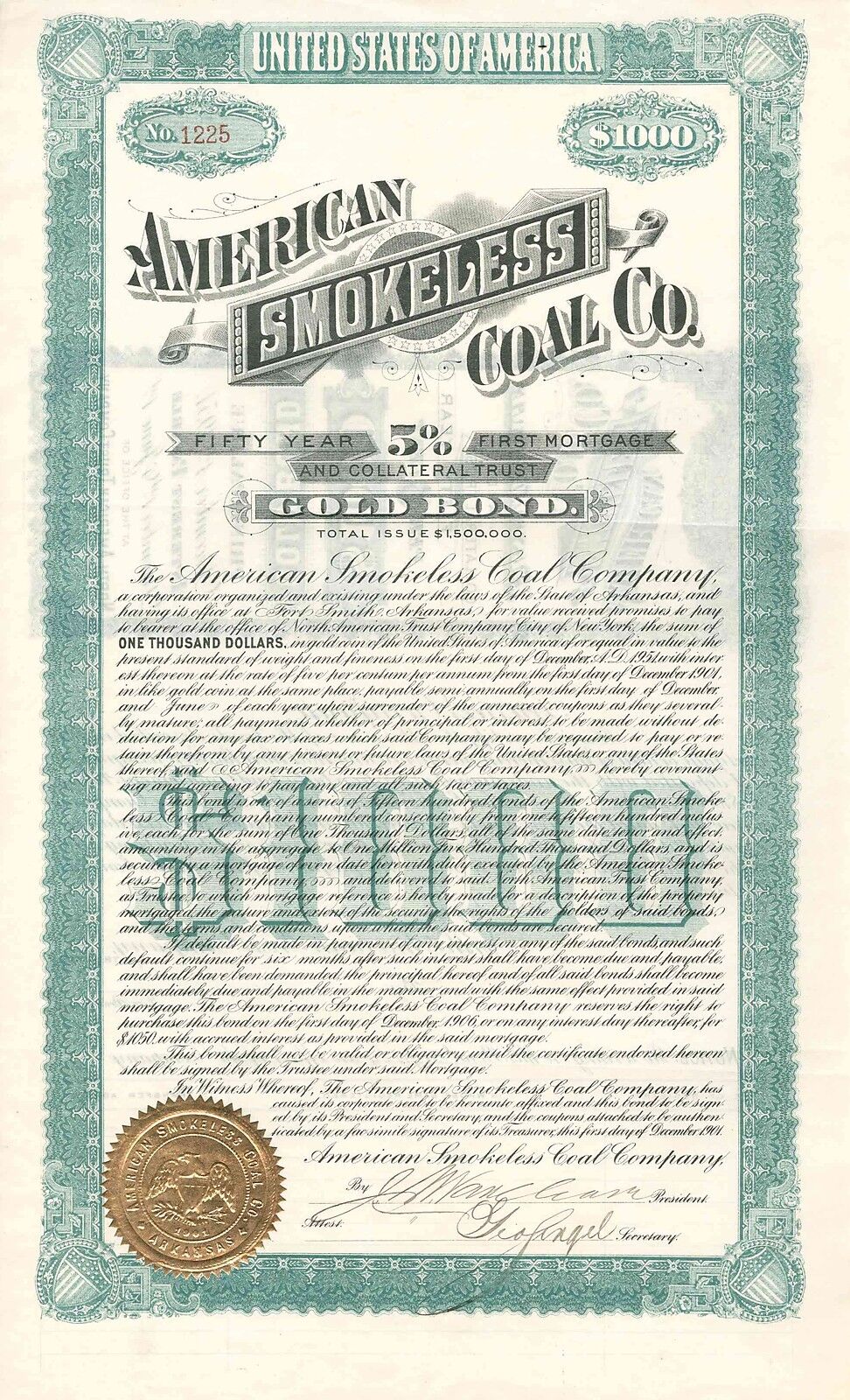 American Smokeless Coal Co, 1901 $1000 gold bond, #1225