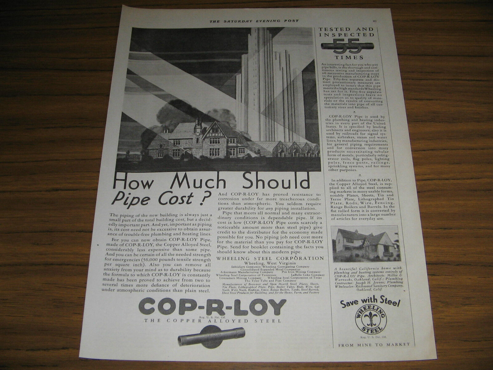 1930 Vintage Ad Cop-R-Loy Copper Alloyed Steel Pipe Wheeling Steel,WV