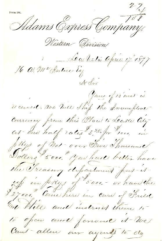 1877 Letter - ADAMS EXPRESS COMPANY - Western Division, La Veta, Colorado