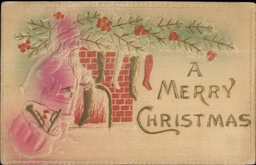 Christmas - Santa Claus Fills Stockings - Airbruched Embossed w/ Gold Postcard