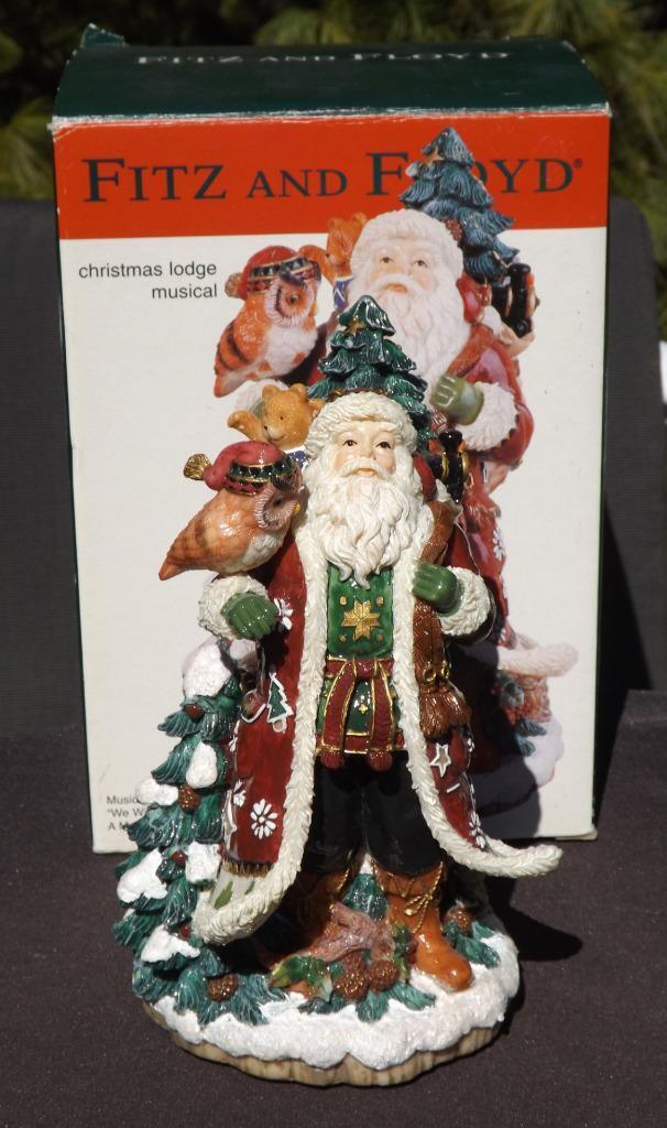 Fitz & Floyd Christmas Lodge Musical Santa Claus & Box We Wish You A Merry Xmas