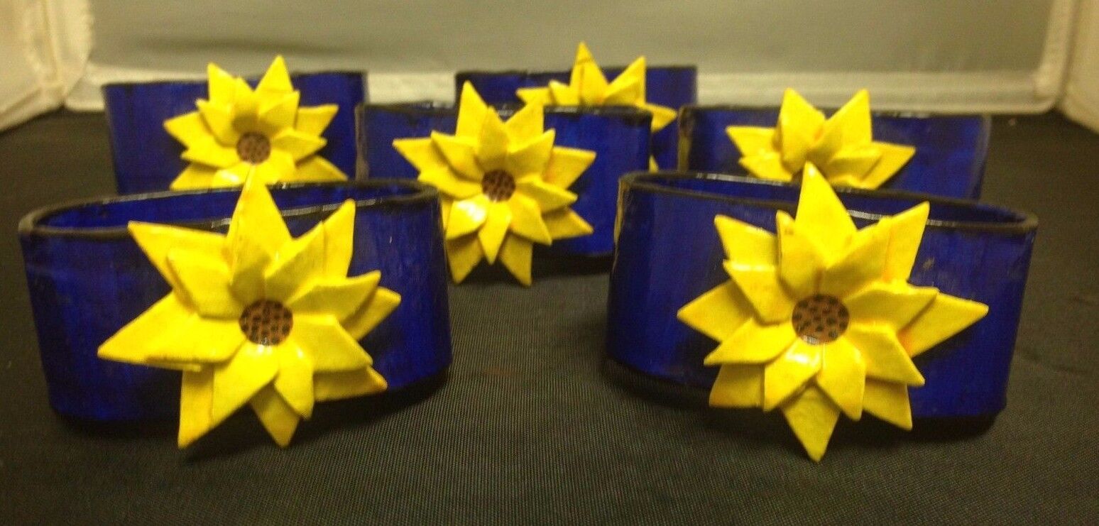 Napkin Rings Set Cobalt Blue Yellow Sunflowers Paper Mache Folk Art LOT 6 VTG