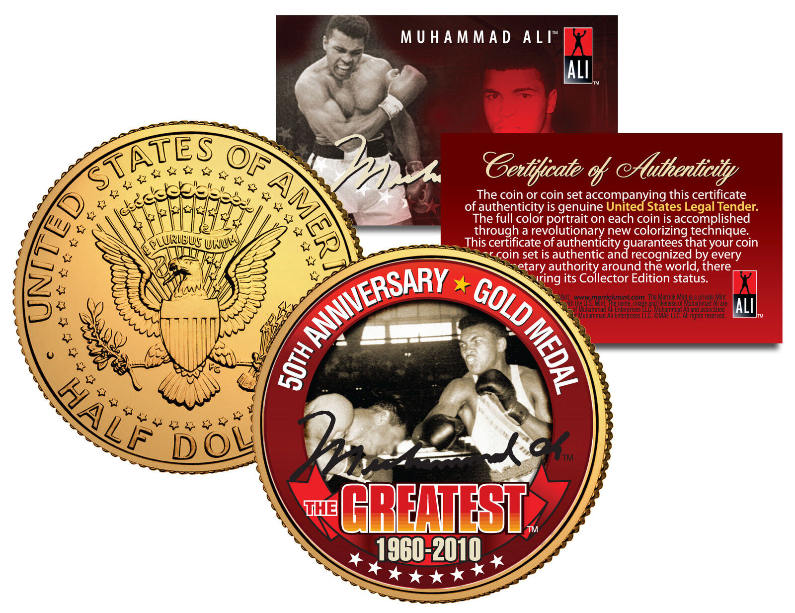MUHAMMAD ALI * 50th Anniversary Gold Medal * JFK Half Dollar 24K Plated US Coin