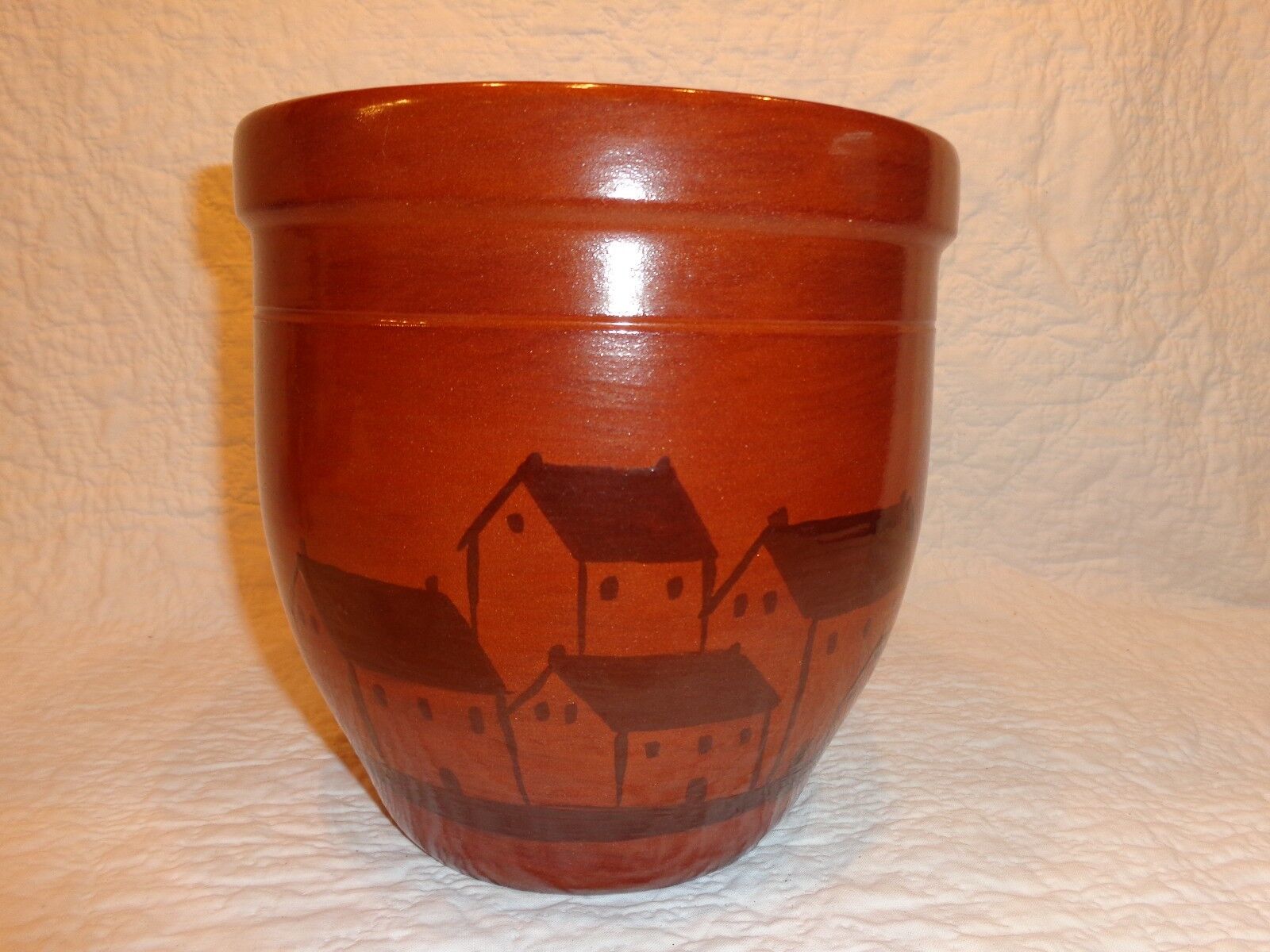 Lester Breininger Redware Pottery Crock, Village Decoration, 7-3/4\