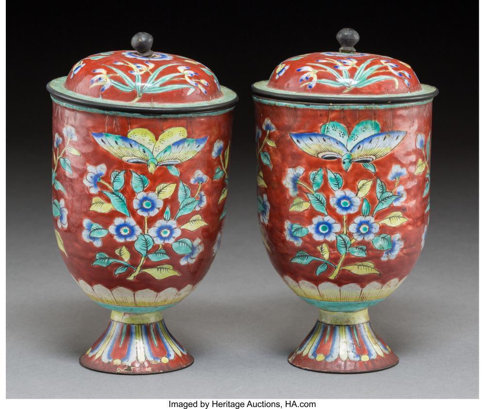 A PAIR OF CHINESE CANTON ENAMEL COVERED BEAKERS 6-3/4 INCHES HIGH (... Lot 78704