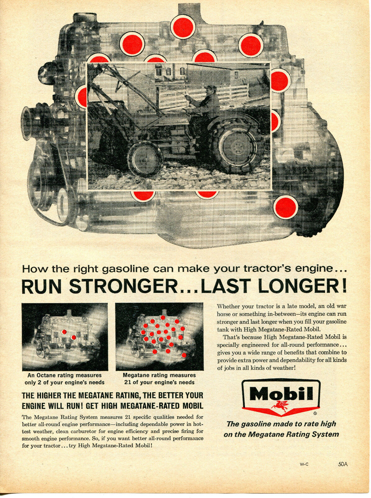 1964 Mobil High Megatane Rated Tractor Gasoline Print Ad