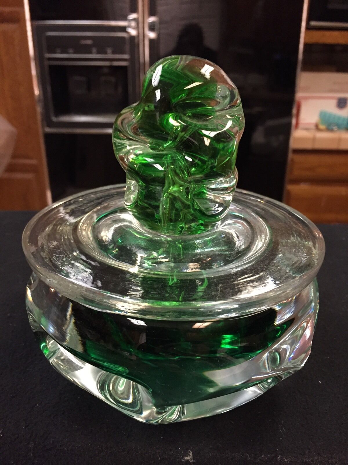 UNIQUE CRYSTAL HAND CUT Green Dish Very Thick Trinket OR Decorative PIECE OF ART
