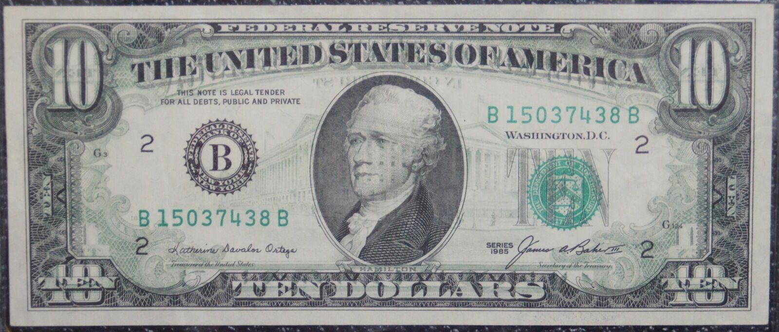 THE UNITED STATES OF AMERICA -1985 $10 Federal Reserve Note -FULL REVERSE OFFSET