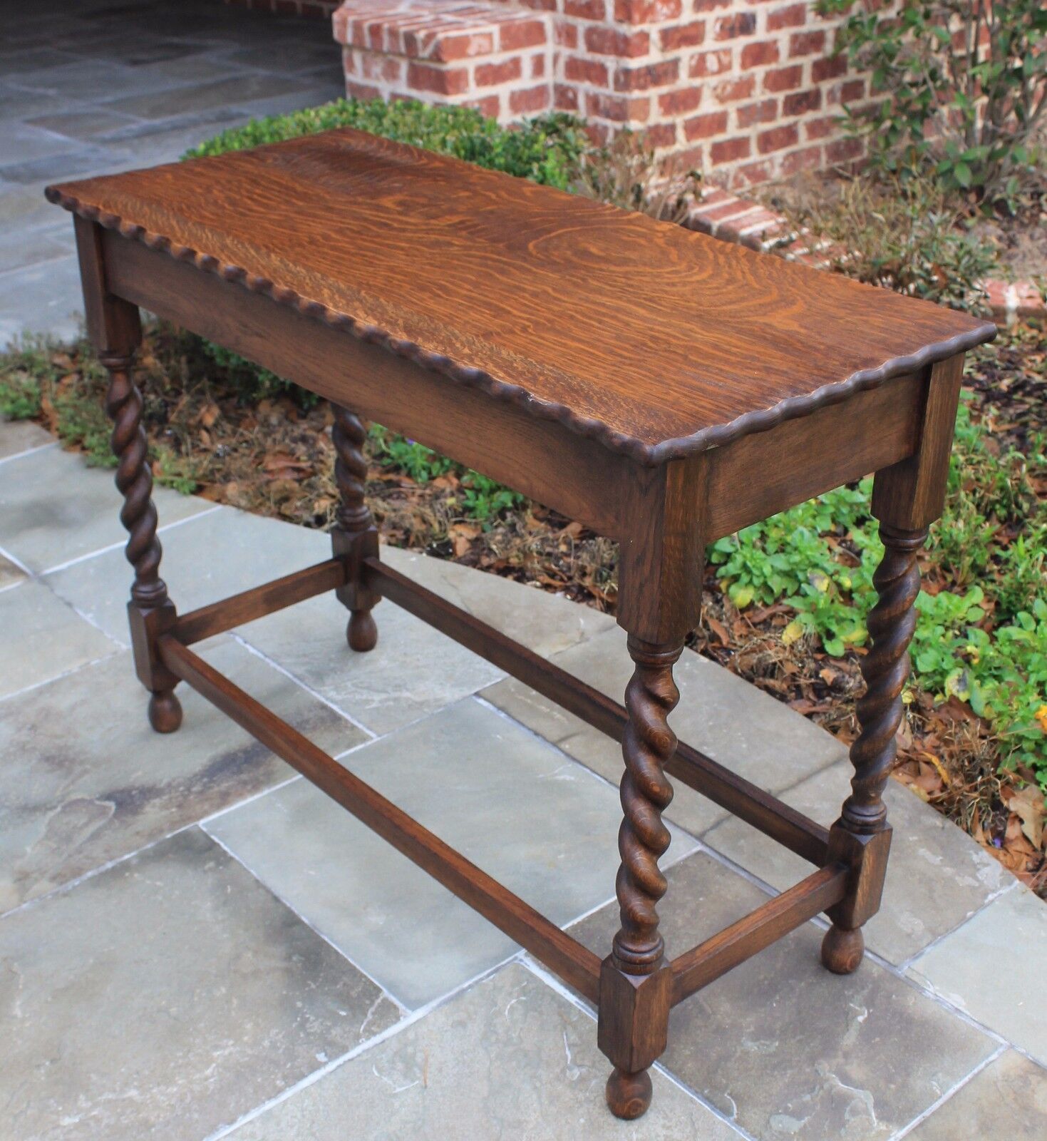 Antique English Tiger Oak Barley Twist Wide Sofa Table Hall Entry Table Desk