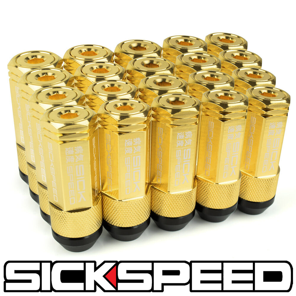 SICKSPEED 20 PC 24K GOLD CAPPED ALUMINUM EXTENDED 50MM 3 PC LUG NUTS 14X1.5 