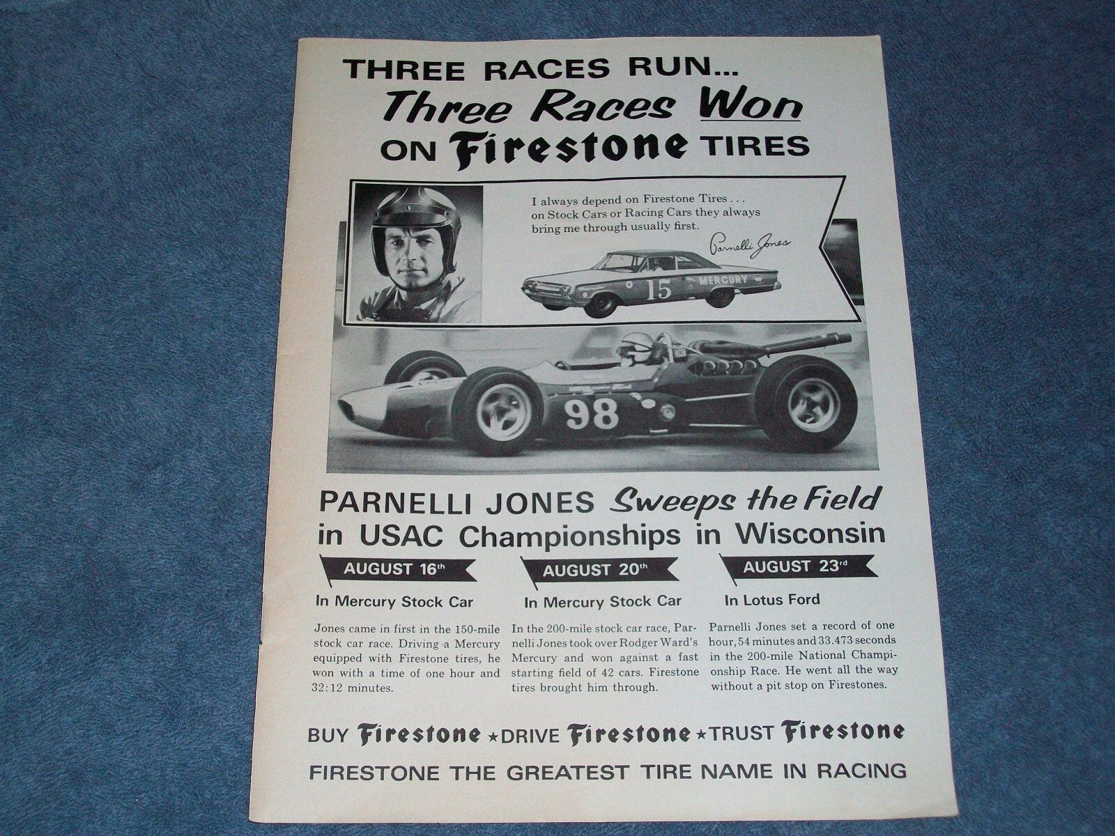 1964 Firestone Tires Parnelli Jones Vintage Ad \
