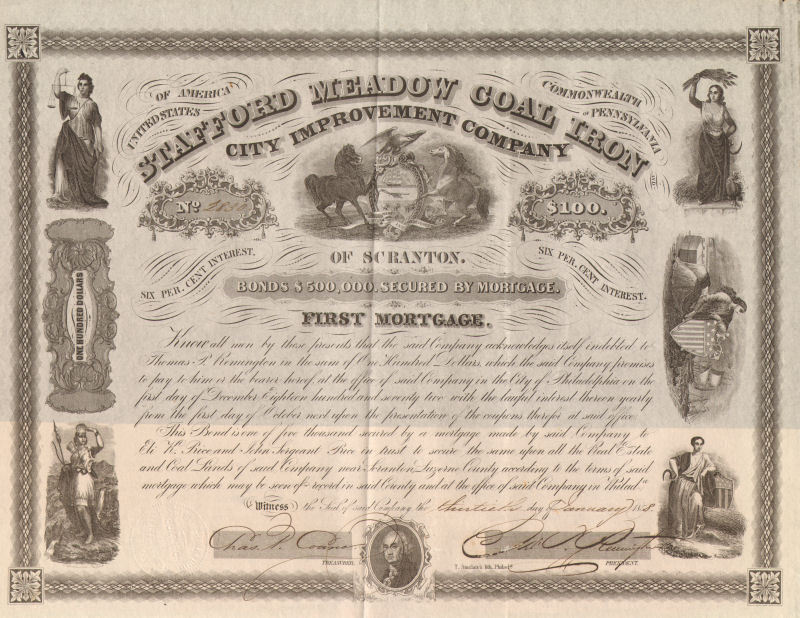1858 Stafford Meadow Coal Iron and City Improvement Scranton PA bond certificate