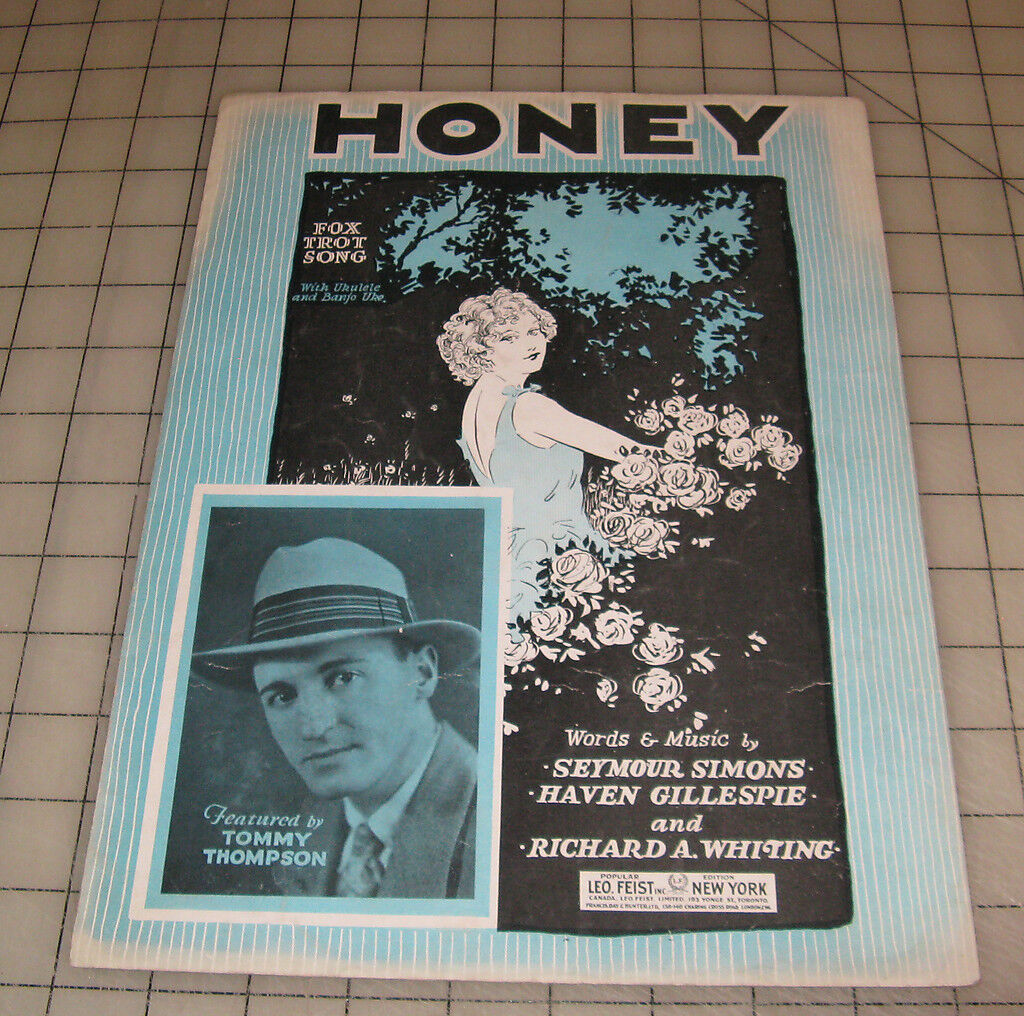 1928 HONEY Featured By Tommy Thompson Sheet Music - Great Art Deco Cover Art