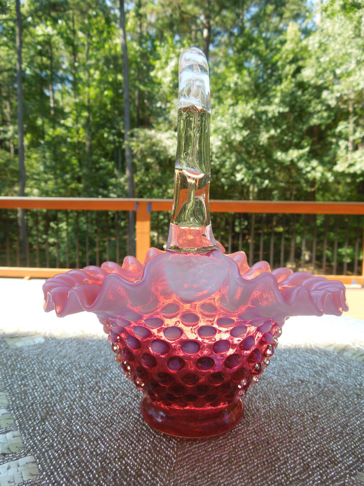 BEAUTIFUL VINTAGE FENTON CRANBERRY HOBNAIL OPALESCENT BASKET 8 1/2 INCHES TALL
