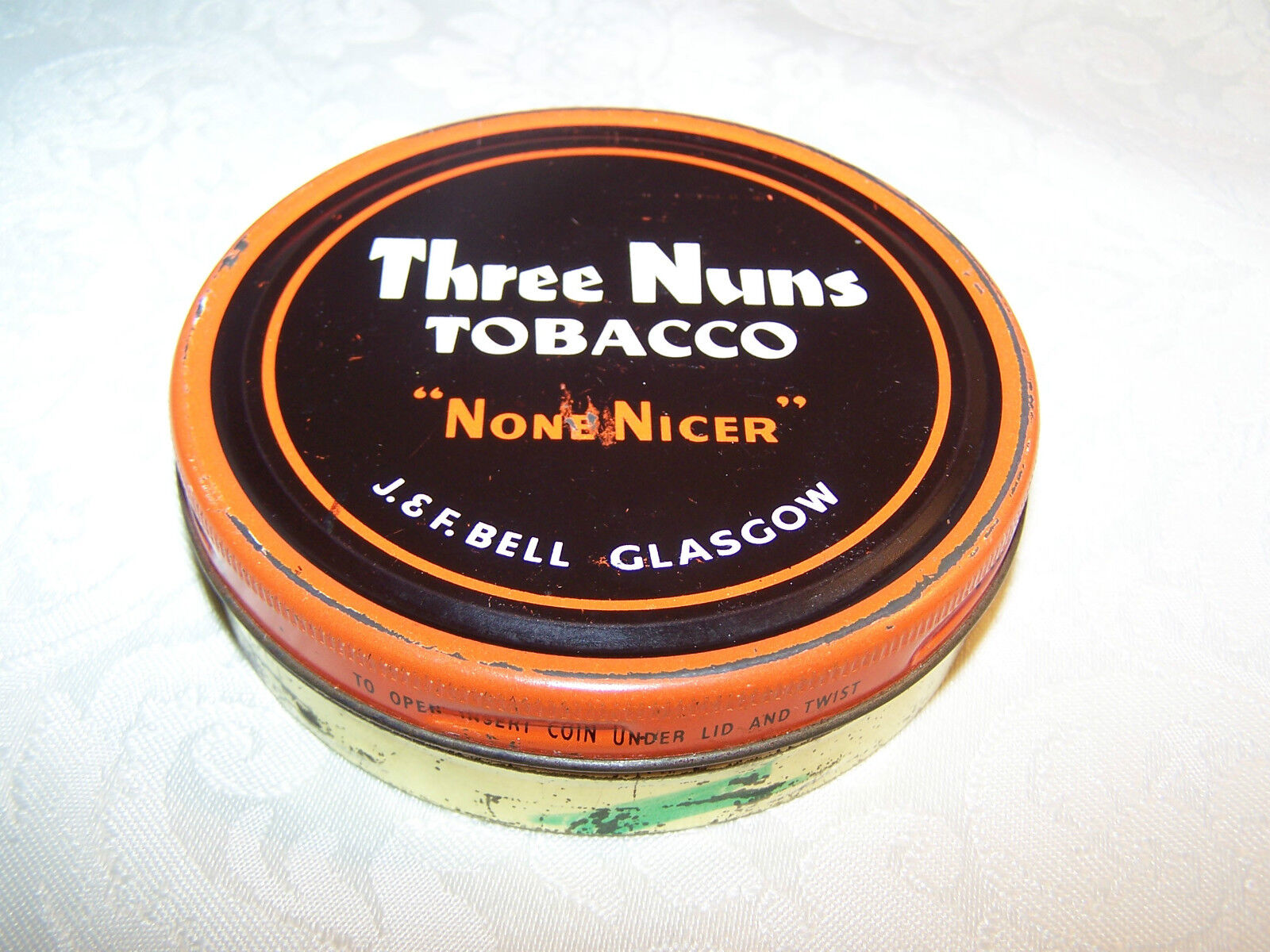 THREE NUNS ROUND TOBACCO TIN - ''NONE NICER'' - J. & F. BELL GLASGOW