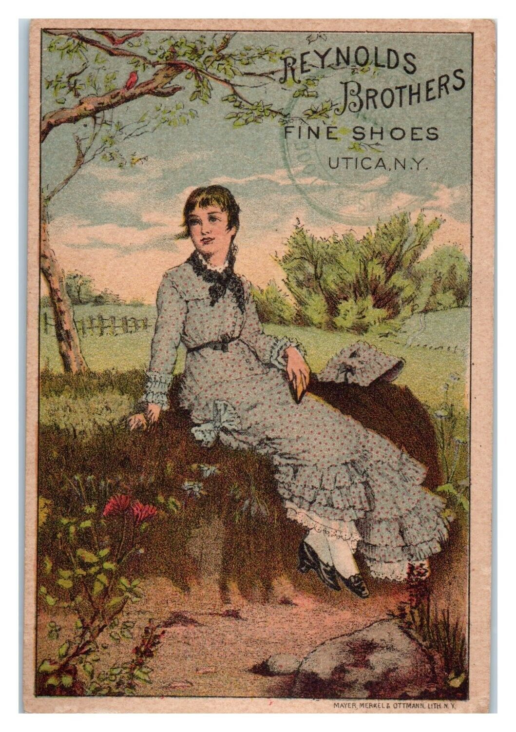 Woman in Victorian Blue Dress, Reynolds Brothers Fine Shoes Trade Card *VT26