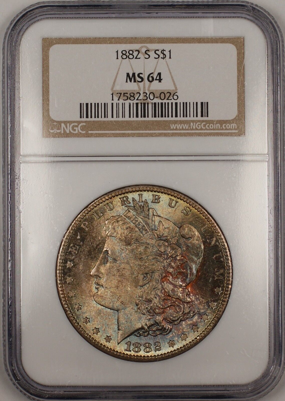 1882-S Morgan Silver Dollar $1 Coin NGC MS-64 Nicely Toned (T)