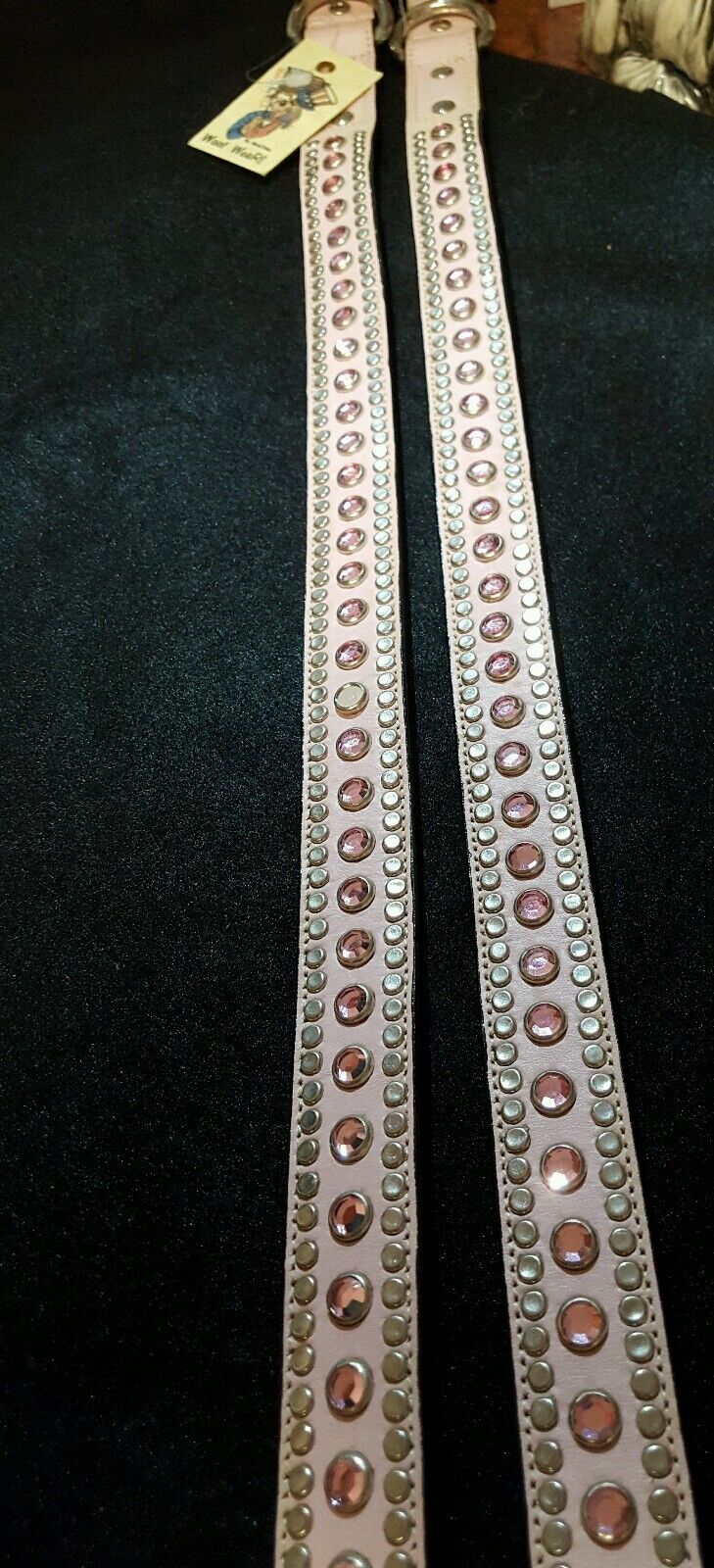 PINK LEATHER DOG COLLAR, WITH PINK SWAROVSKI CRYSTALS & STUDS THRU OUT, MADE IN 