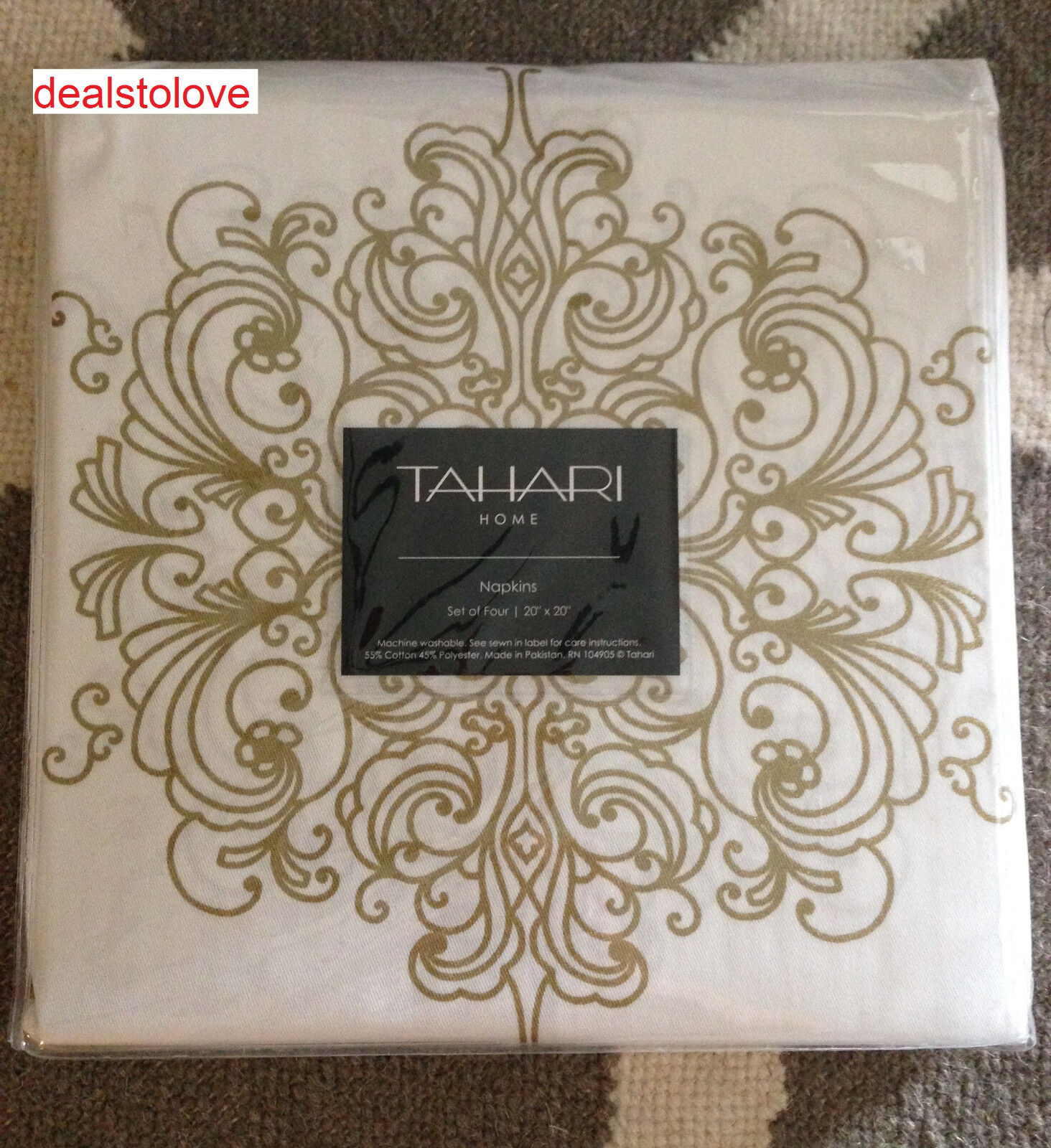 NEW Rare Tahari Home 4 pk Napkins Metallic Gold White Modern Abstract 20 x 20