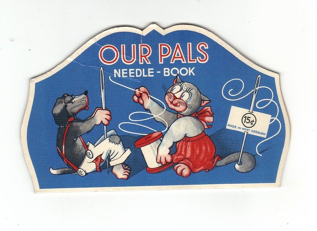 NEEDLE BOOK OUR PALS CAT AND DOG THREADING NEEDLE DOSCO WEST GERMANY