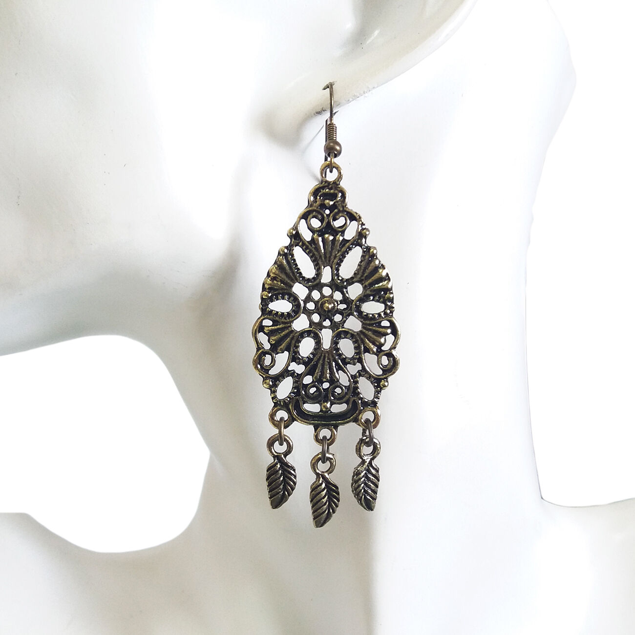 Womens Vintage Antique Dark Hollow Leaves Charms Chandelier Dangle Drop Earrings