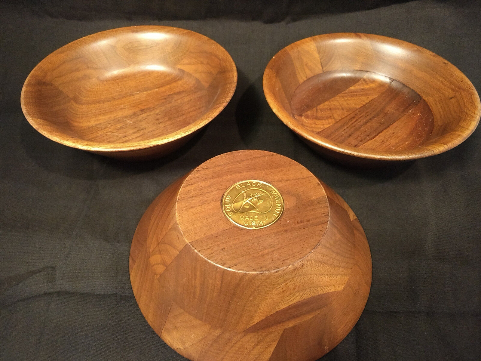 3 Vintage Kustom Kraft Solid Black Walnut Wood Bowls 6.5\