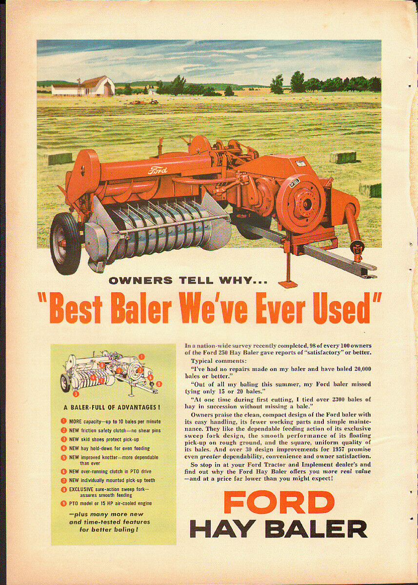 1957 Vintage ad for FORD Hay Baler`Red`Field, Farm Scene