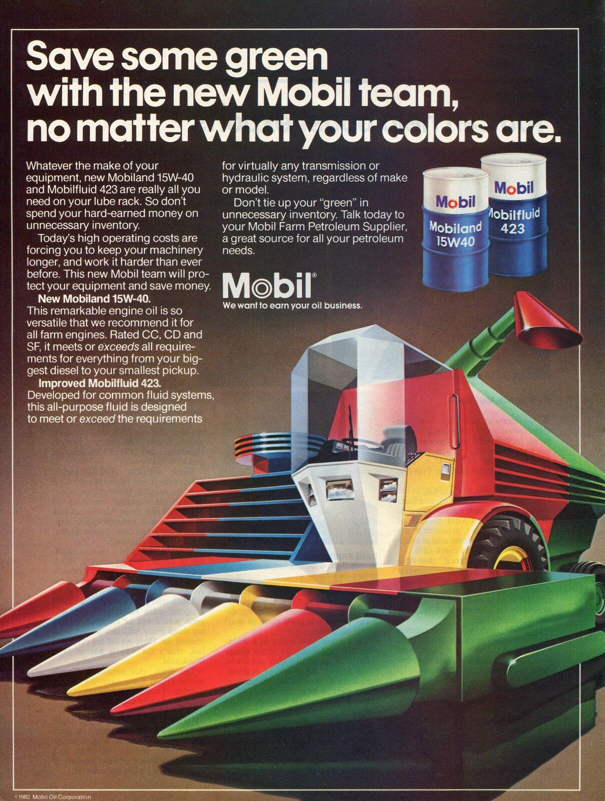 1982 Mobil Oil Mobilfluid 423 Mobiland 15W40 Futuristic Combine Farm Tractor Ad 