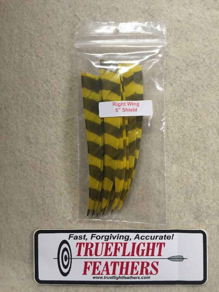 Trueflight 5 inch Feathers Right Wing Shield Cut Dozen Pack Yellow Barred