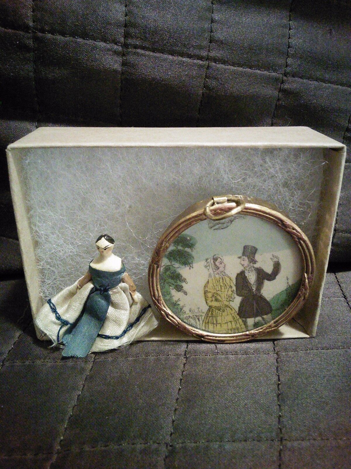 Antique 1800s Grodnertal Peg Doll & Georgian Dollhouse Picture Jane Austen Final