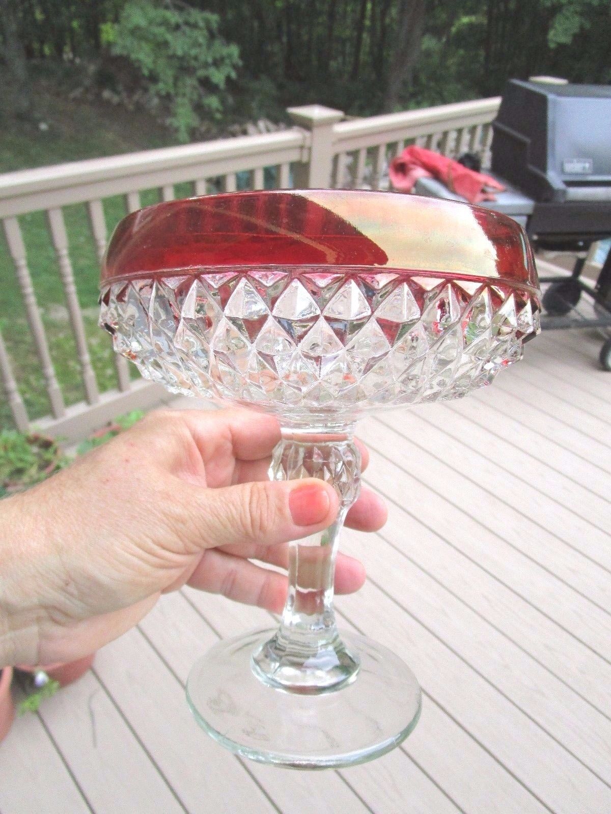 Ruby Stained Rimmed Clear Glass Compote 7.5\