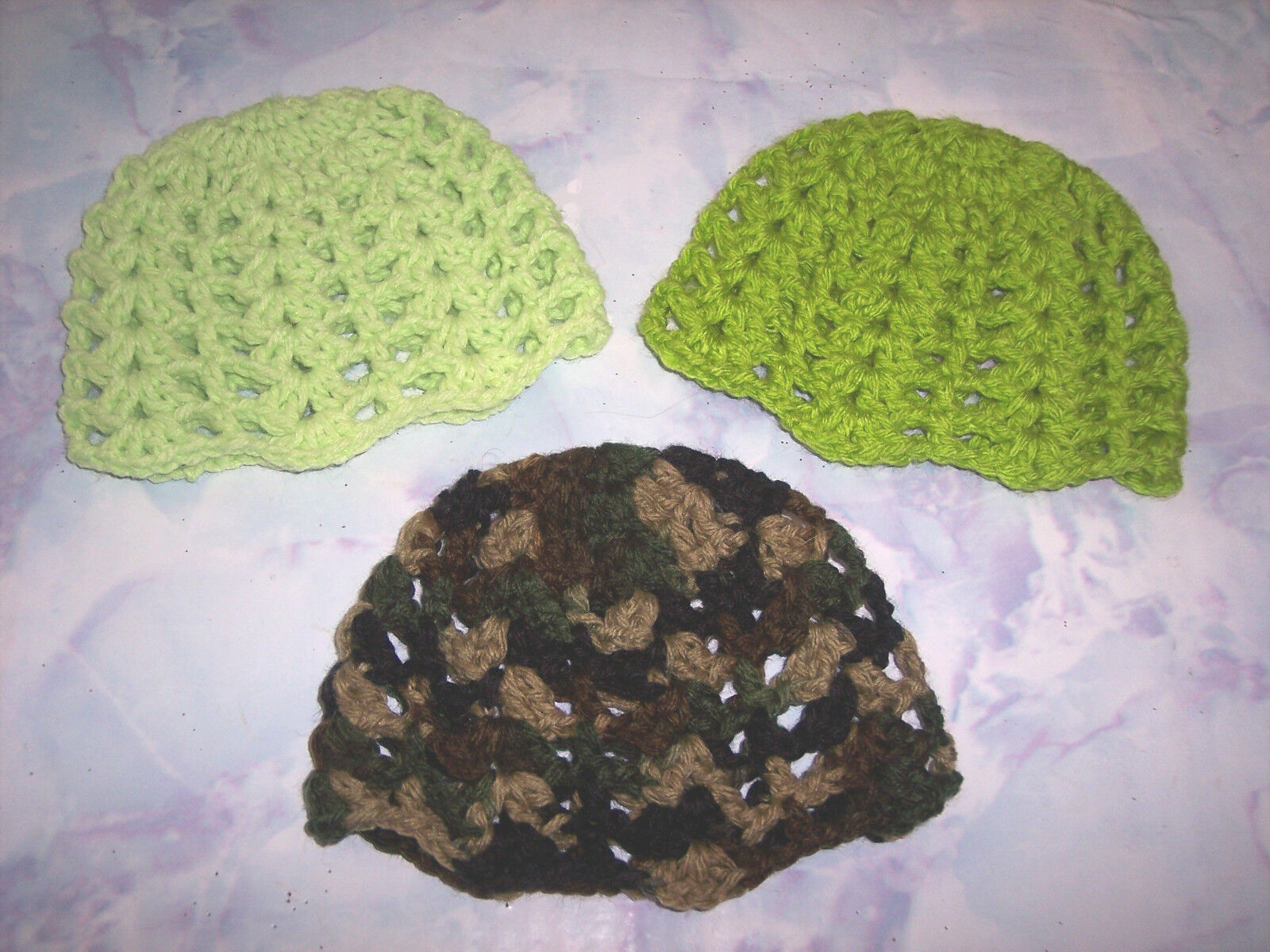 3 Hand Crochet Beanie Hats For The My Size Barbie Doll (Lt Lime-Lime-Camouflage)