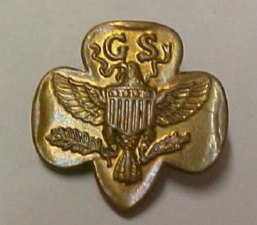 Gold Girl Scout Eagle Trefoil Pin Matte Swing Arm Marked 1970\'s Vintage 
