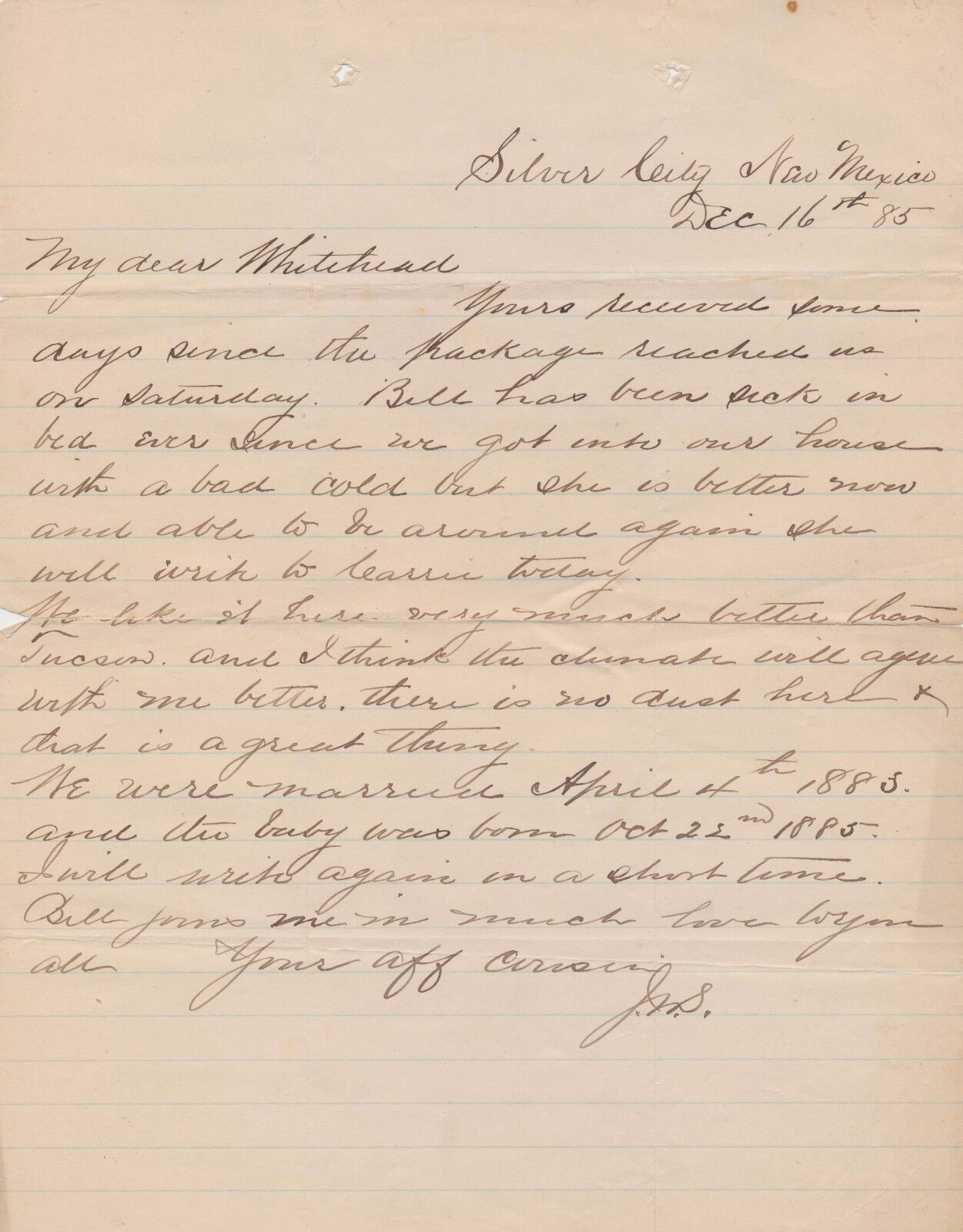 Silver City, New Mexico letter 1885 re shotgun wedding & birth of child