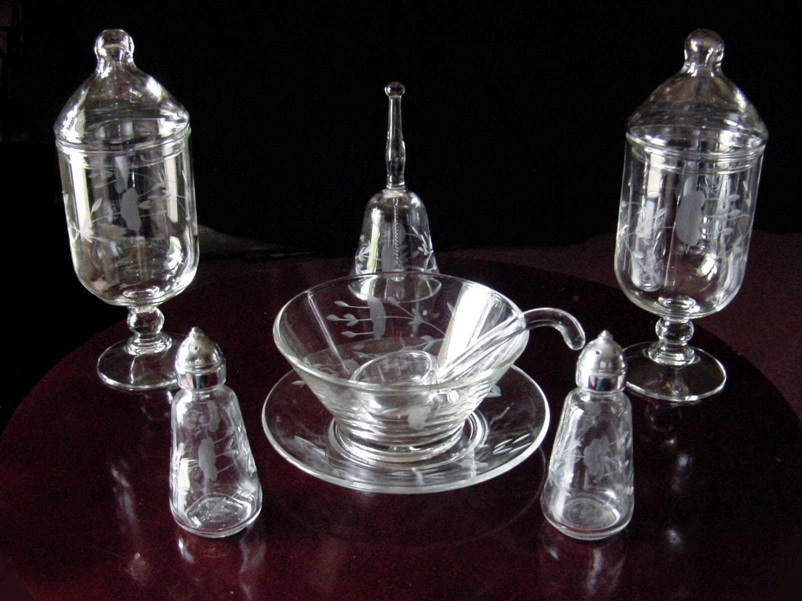 LOT ViNTaGe Etched GLaSs Mayonnaise Set Salt & Pepper Shakers 2 Candy JaRs BeLL