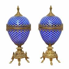 Pair of Large French Gold Tone Royal Blue Cut Glass Egg Vases Lidded Urns 34” picture