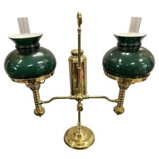 Magnificent English Brass Double Arm Lamp Masters Green Hurricane Glass Shades picture