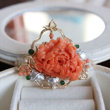 Genuine Natural Pink Coral Pendant Set IN Sold 18K Yellow Gold Diamond & Jadeite picture