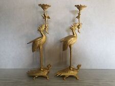 Y3777 Buddhist Altar Candlestick Crane Turtle pair golden Japan Candle Stand picture
