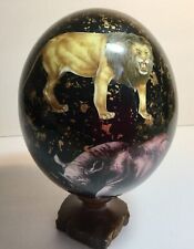 Decoupage Ostrich Egg on Wood Stand Wild Animals Gold Glitter Art Sculpture  picture
